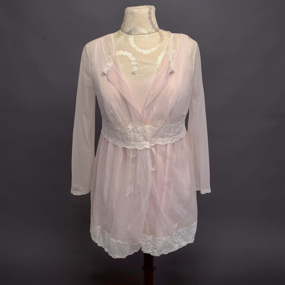 Vintage 70s Sears Jr Bazaar Pink Sheer Robe & Nightgown Set – Size S 5–7